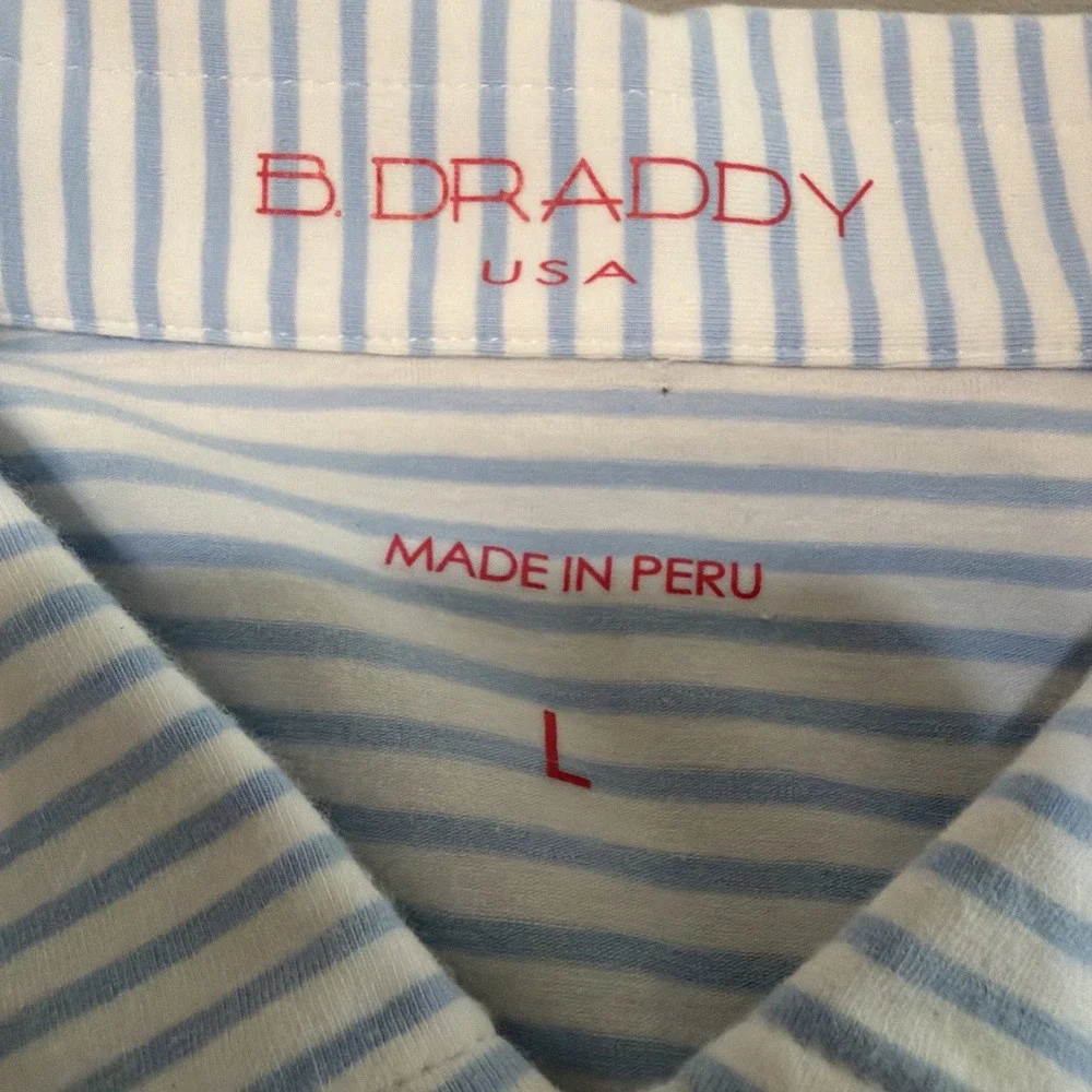 B. Draddy Polo Shirt Men's Large Blue Short Sleeve Golf Stretch Casual Striped